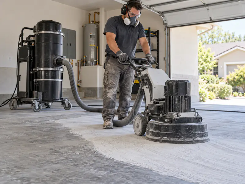 Illustrative concrete grinding with dust extraction during garage floor preparation