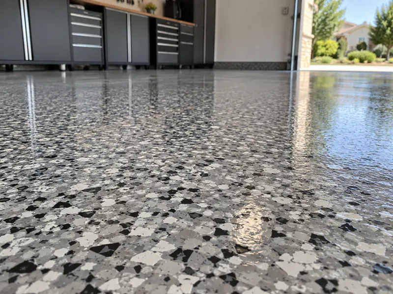 Close-up example of a gray decorative flake garage floor finish