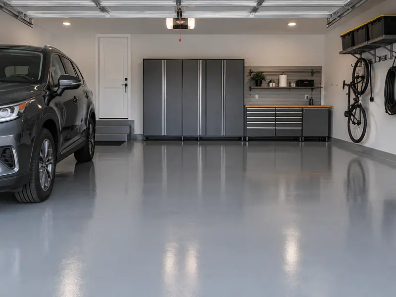 Illustrative garage with a smooth solid gray epoxy floor finish