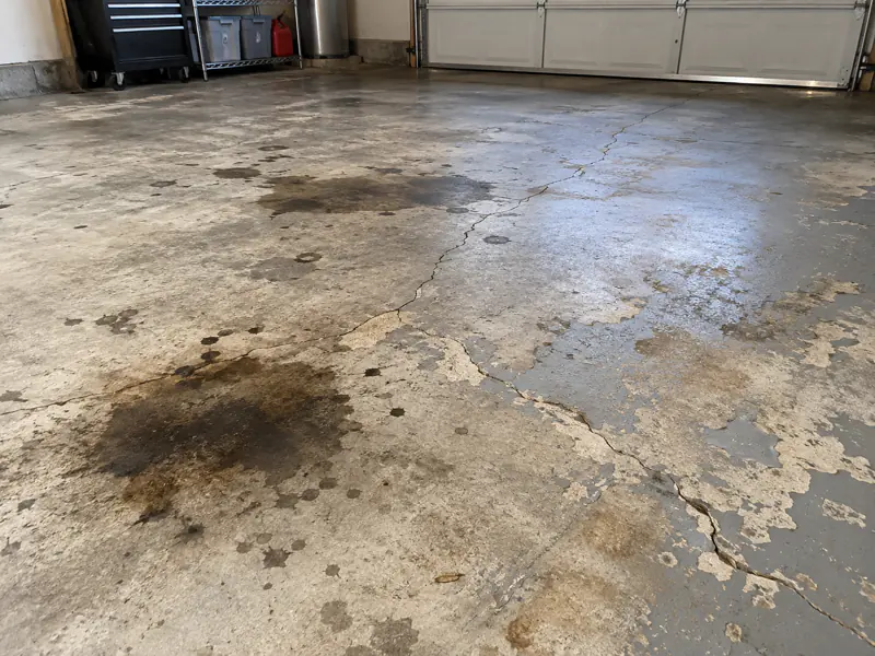 Illustrative worn garage concrete with stains cracks and peeling coating